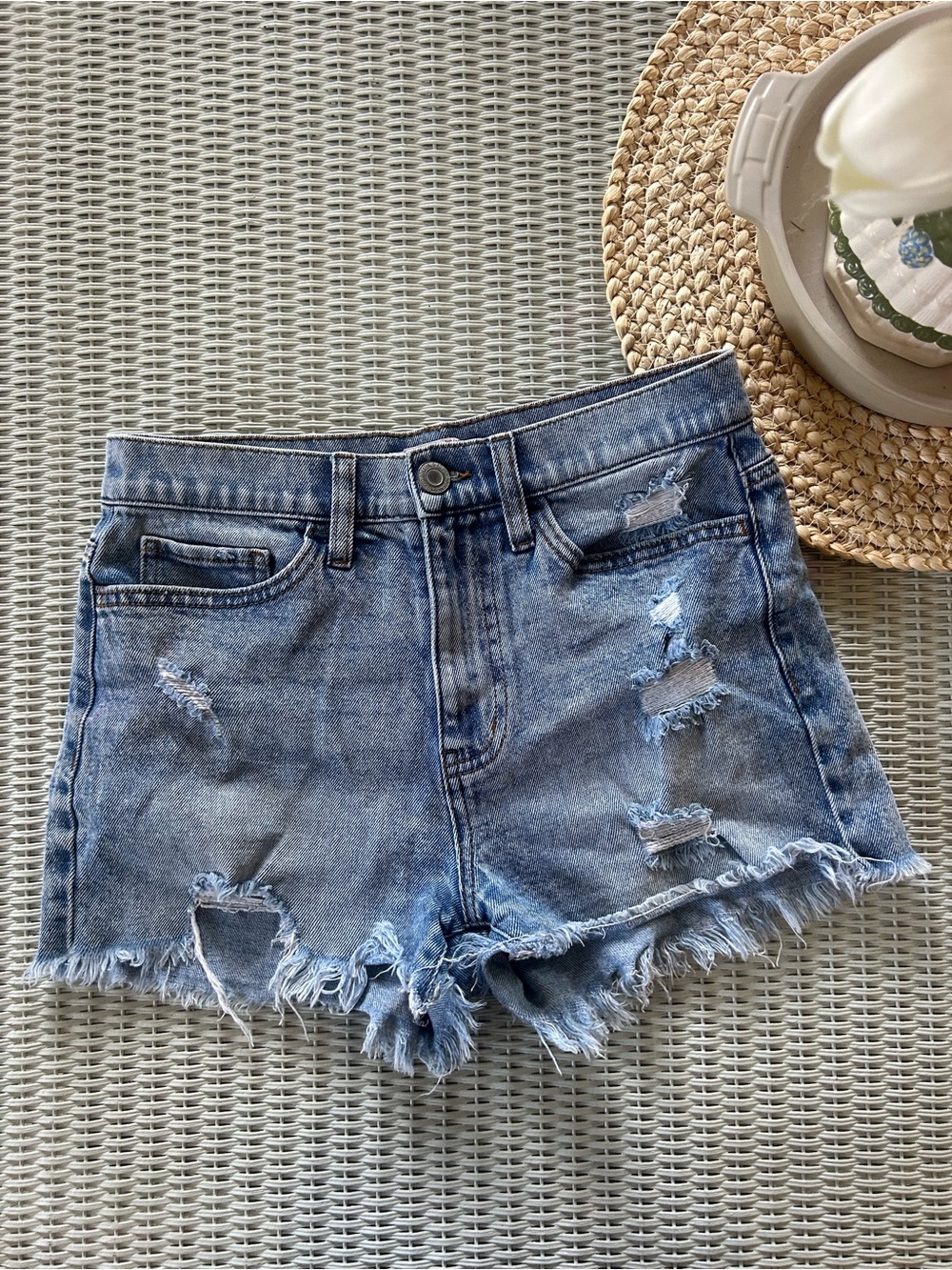 SO Distressed Light Blue Denim Jean Shorts with Frayed Hem